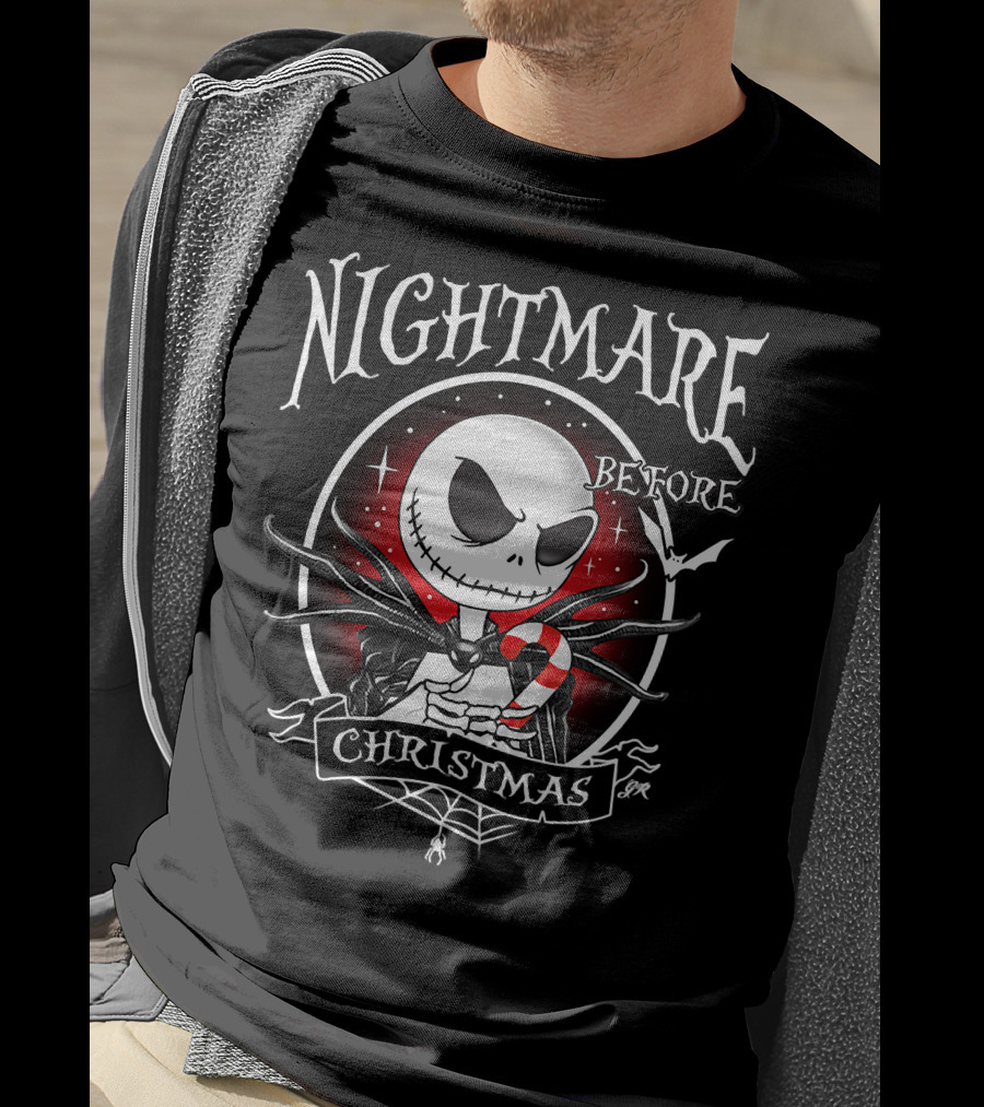 Jack Skellington Holding Candy Cane With Bat Nightmare Before Christmas T-Shirt