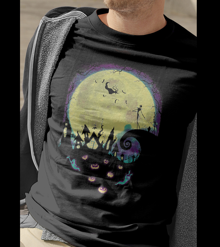 Jack Zero Moonlit Halloween Scene With Ghostly Pumpkins T-Shirt