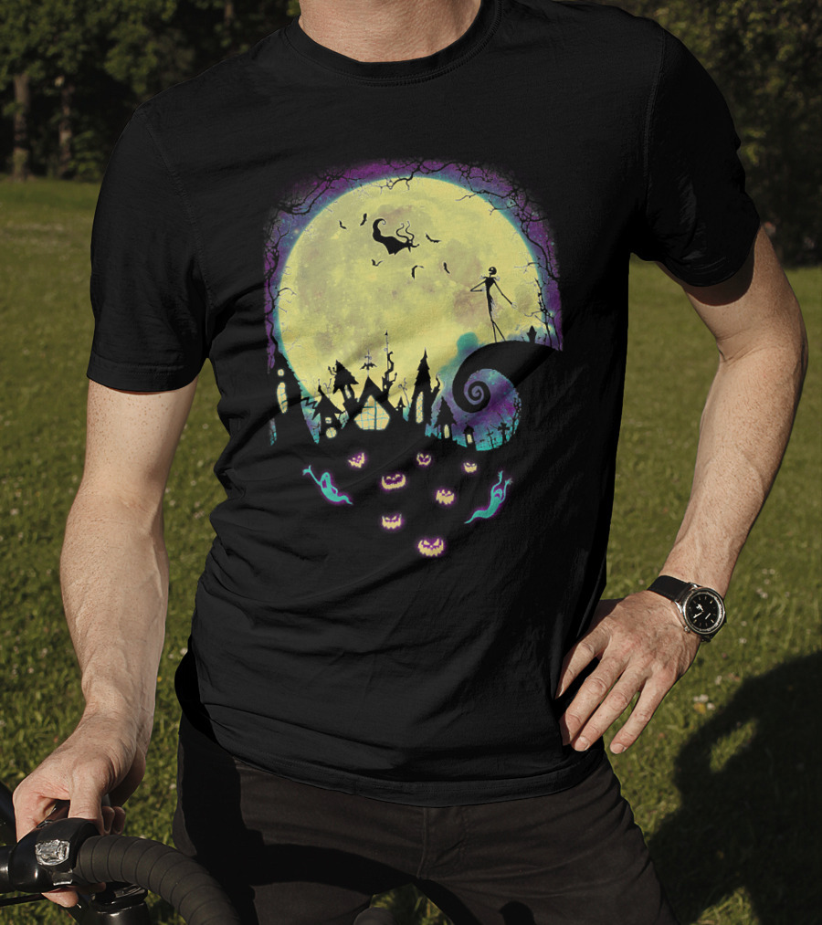 Jack Zero Moonlit Halloween Scene With Ghostly Pumpkins T-Shirt