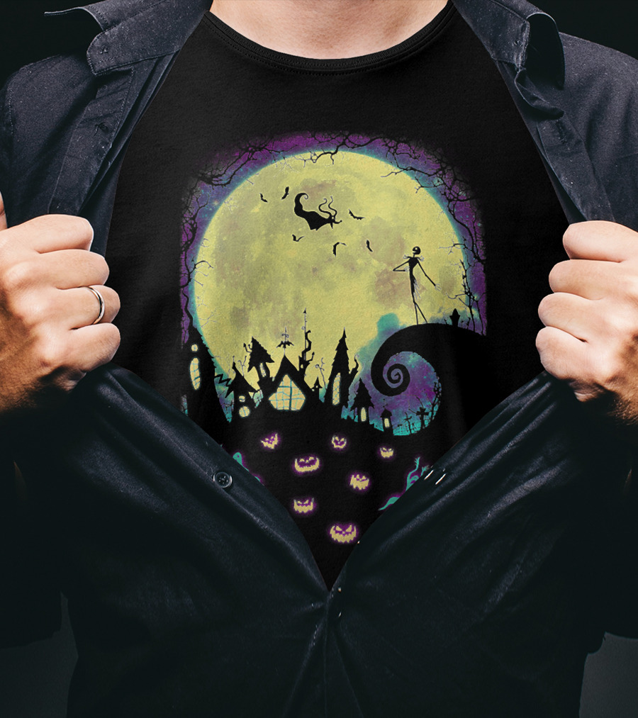Jack Zero Moonlit Halloween Scene With Ghostly Pumpkins T-Shirt