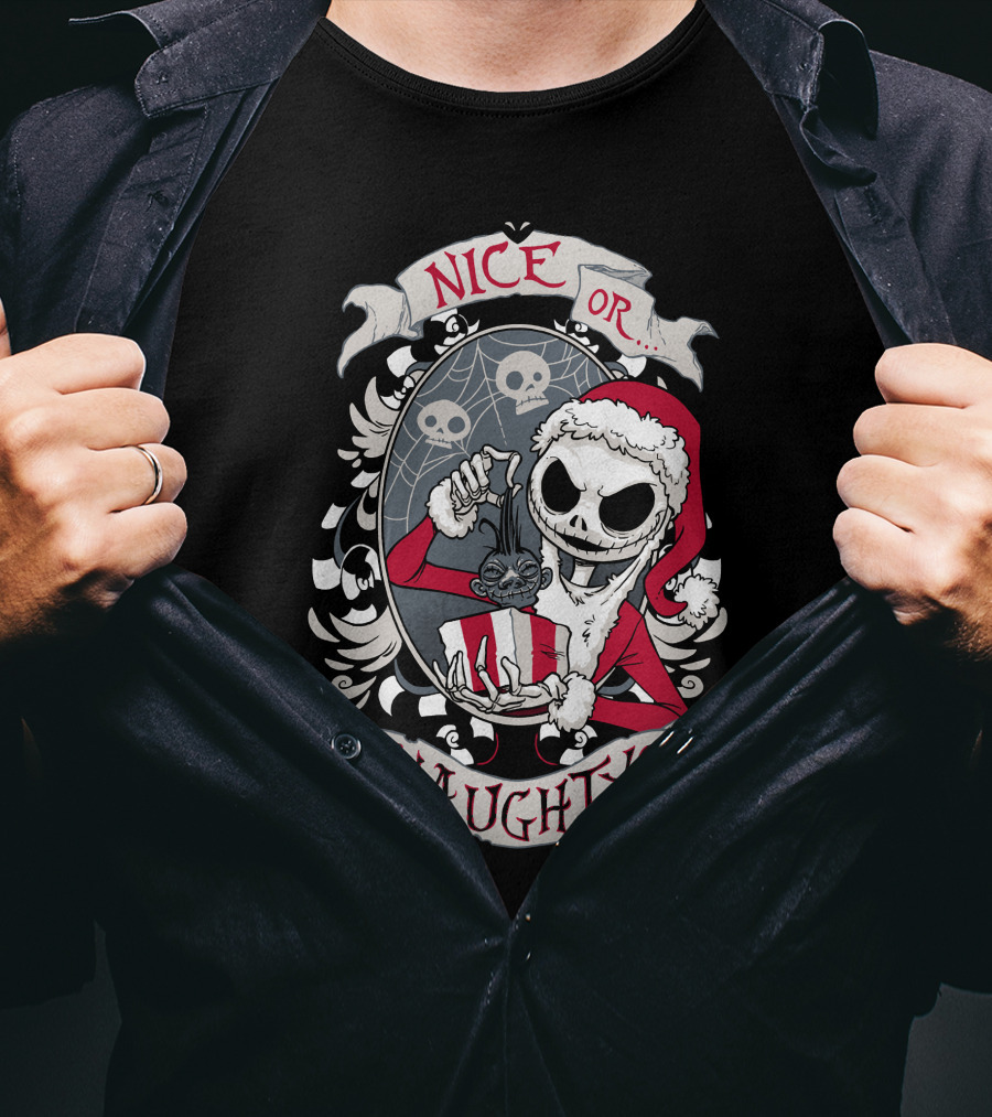 Nice Or Naughty Santa Skeleton With Skull Background T-Shirt