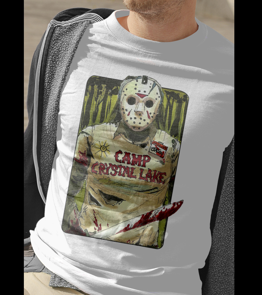 Jason Camp Crystal Lake Horror Mask Blood Stained Machete T-Shirt