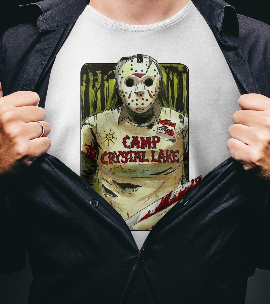Jason Camp Crystal Lake Horror Mask Blood Stained Machete T-Shirt