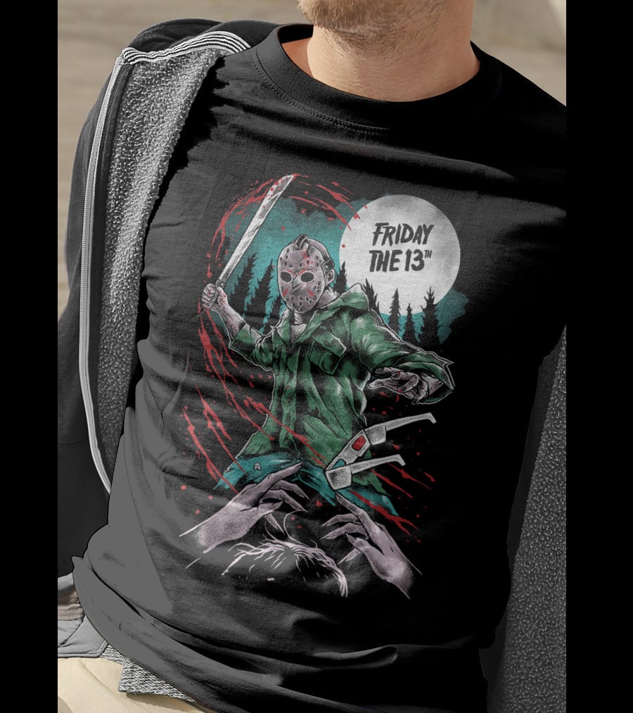 Friday The 13th Jason Vorhees Mask And Machete Horror Scene T-Shirt