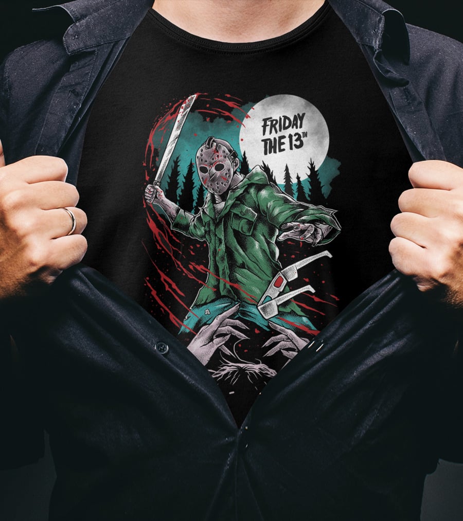 Friday The 13th Jason Vorhees Mask And Machete Horror Scene T-Shirt