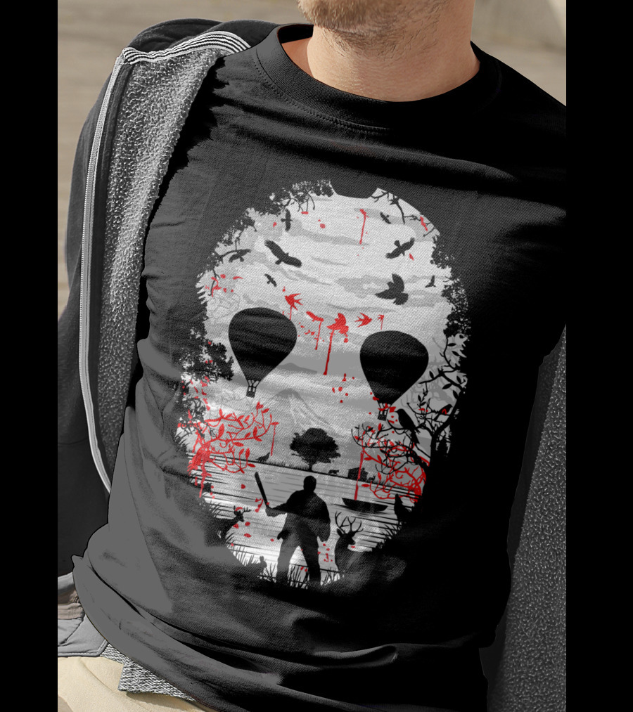 Jason Voorhees Camp Crystal Lake Mask Silhouette Counselor Scene T-Shirt