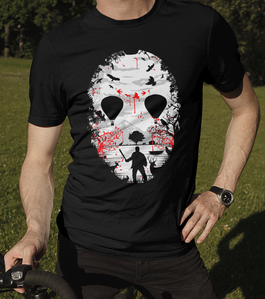 Jason Voorhees Camp Crystal Lake Mask Silhouette Counselor Scene T-Shirt