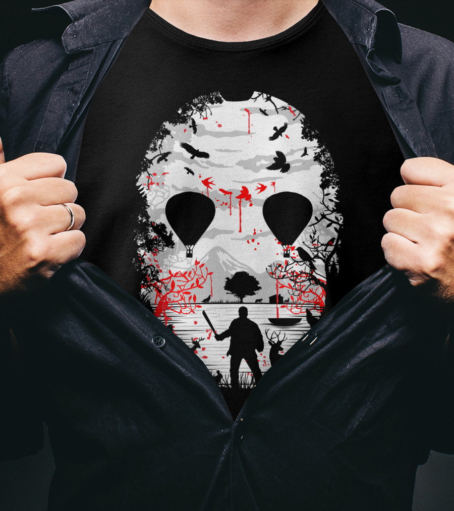 Jason Voorhees Camp Crystal Lake Mask Silhouette Counselor Scene T-Shirt
