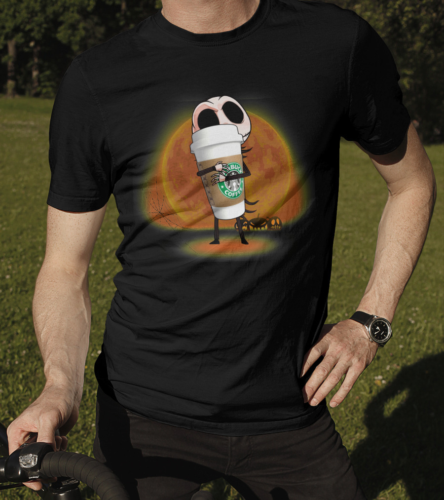Jack Skellington Hugging Starbucks Coffee Halloween Moon Background T-Shirt
