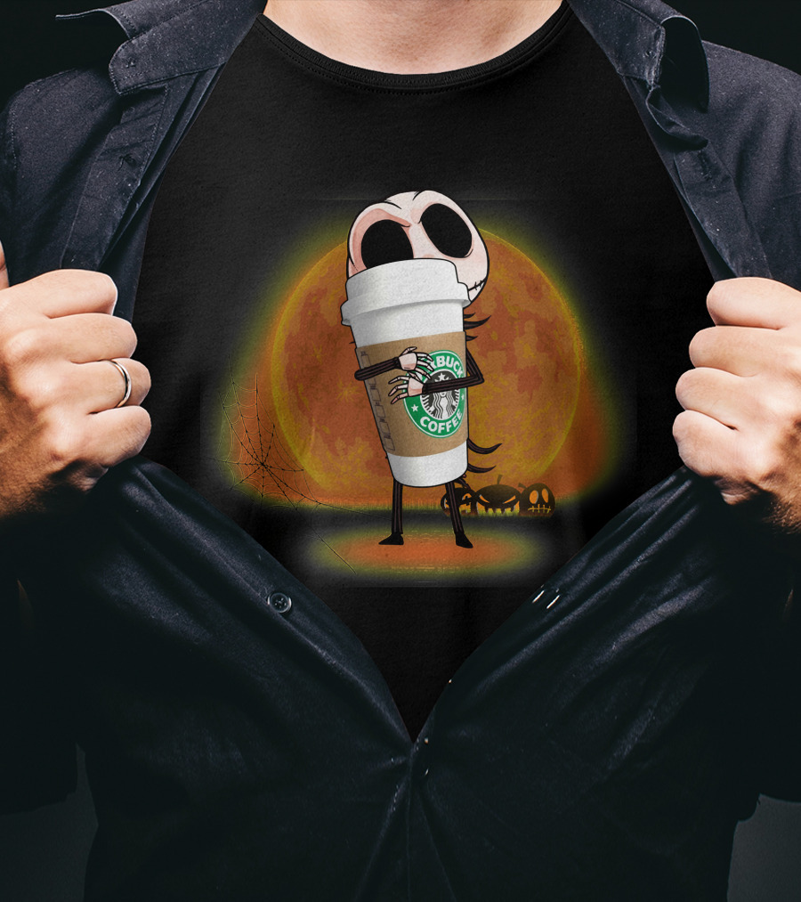 Jack Skellington Hugging Starbucks Coffee Halloween Moon Background T-Shirt