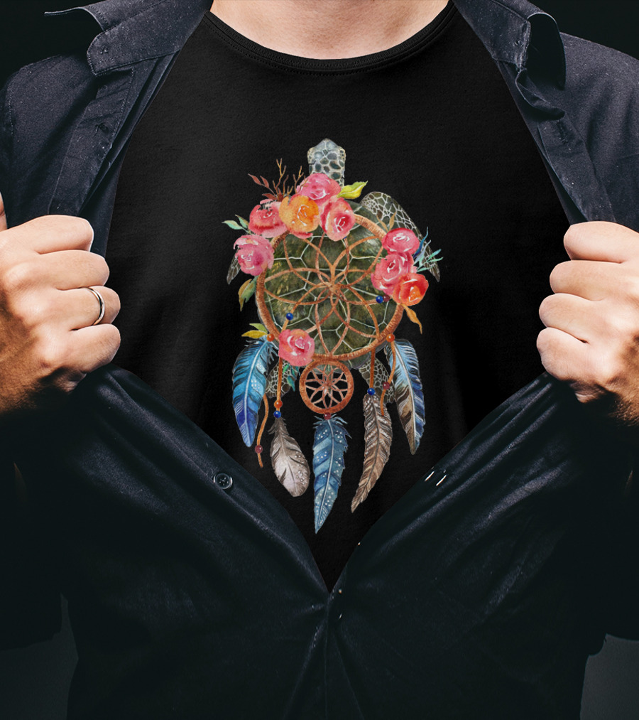 Turtle Dream With Floral Dreamcatcher And Feathers T-Shirt
