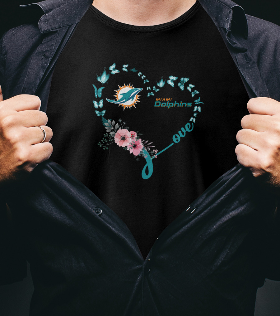 Miami Dolphins Love Heart With Butterflies And Flowers T-Shirt