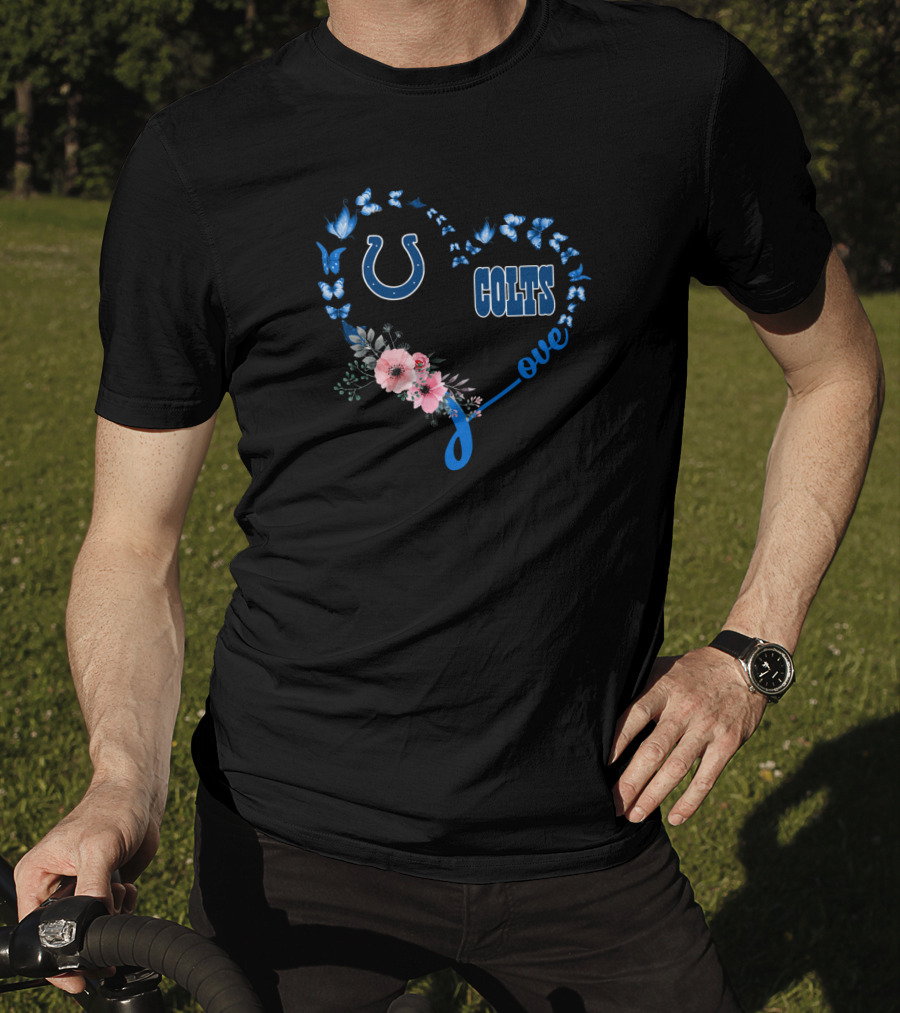 Indianapolis Colts Love Heart With Butterflies And Flowers T-Shirt