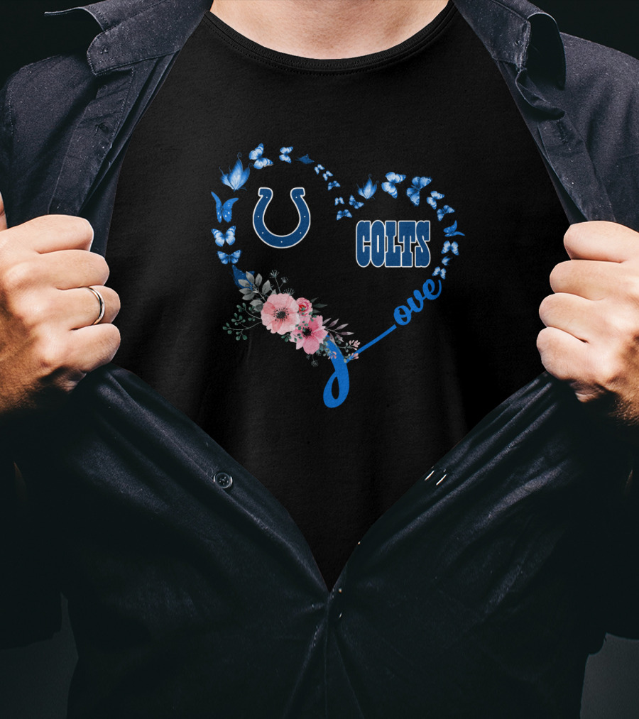 Indianapolis Colts Love Heart With Butterflies And Flowers T-Shirt