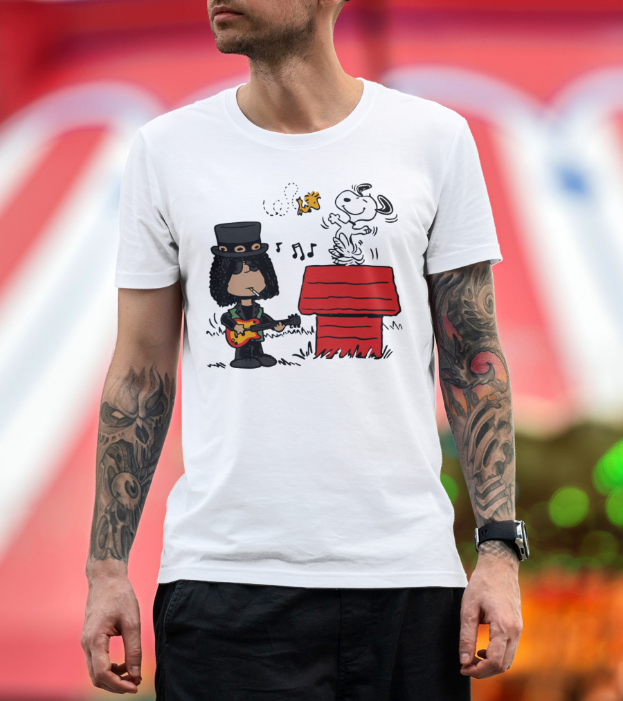 Slash Style Guitarist with Snoopy and Woodstock Playing Music T-Shirt