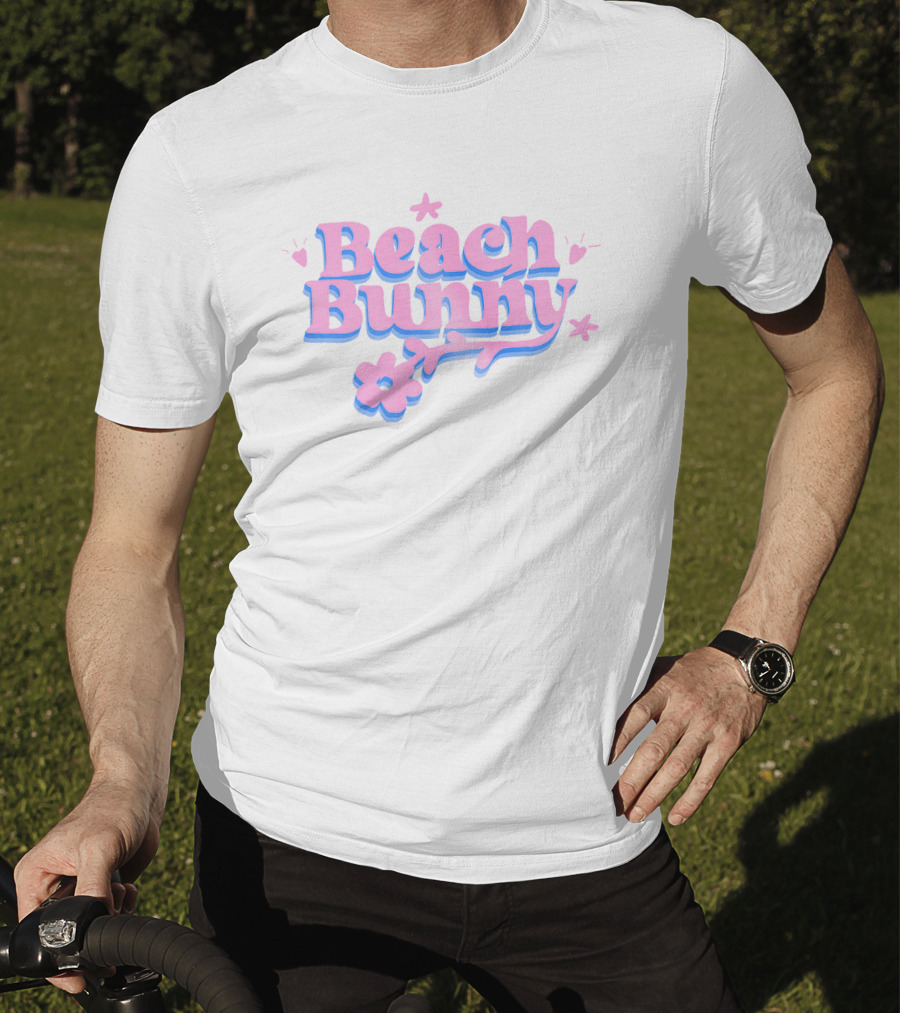 Beach Bunny Pink And Blue Text With Flowers And Hearts T-Shirt