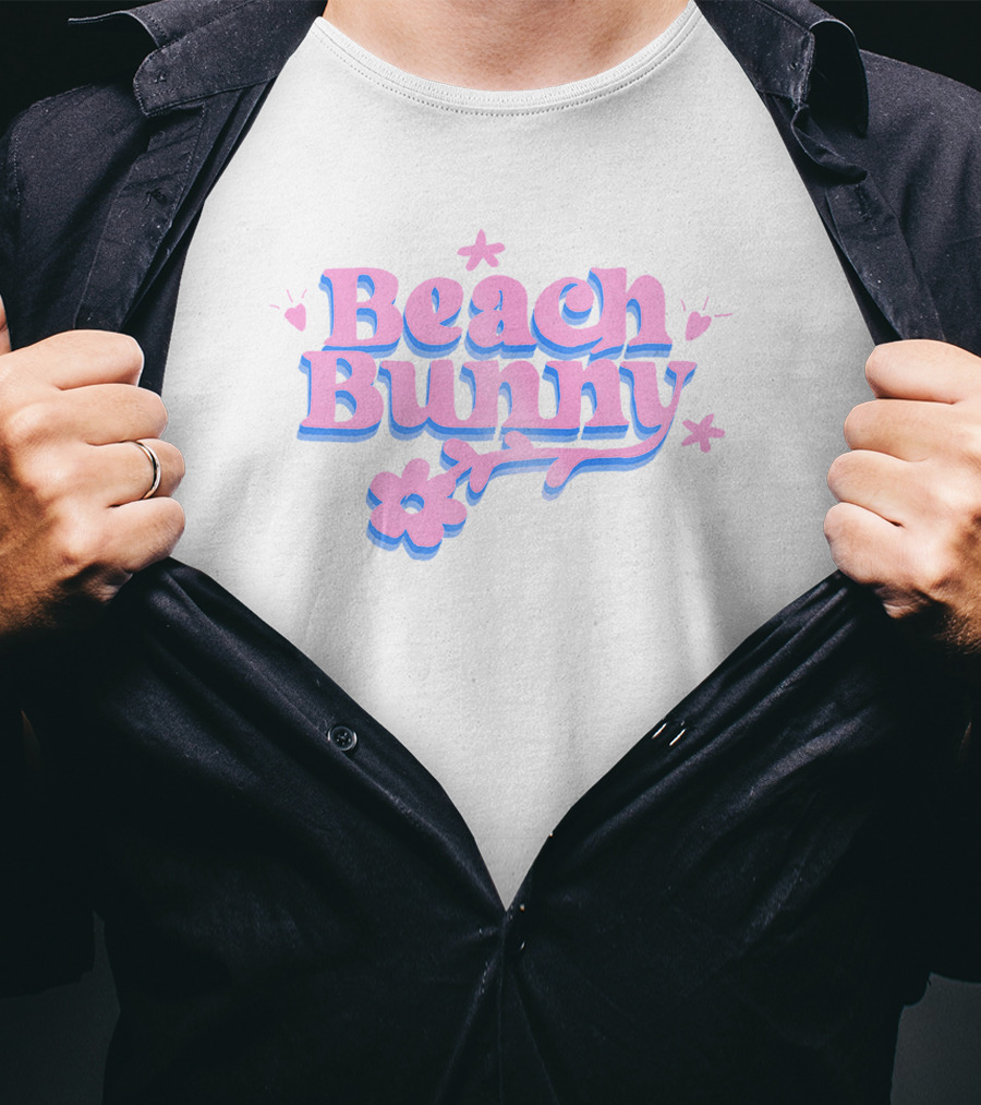 Beach Bunny Pink And Blue Text With Flowers And Hearts T-Shirt