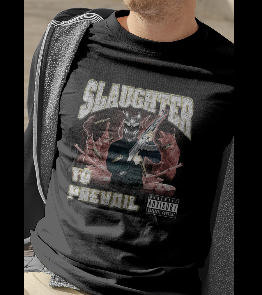Slaughter To Prevail Explicit Content Masked Figure With Gun And Bullets T-Shirt