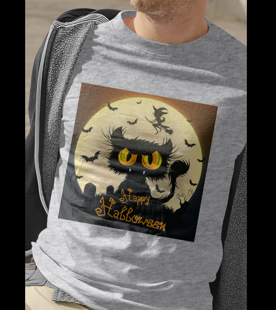 Starry Halloween Cat With Witch And Bats T-Shirt