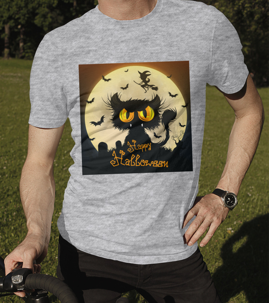 Starry Halloween Cat With Witch And Bats T-Shirt
