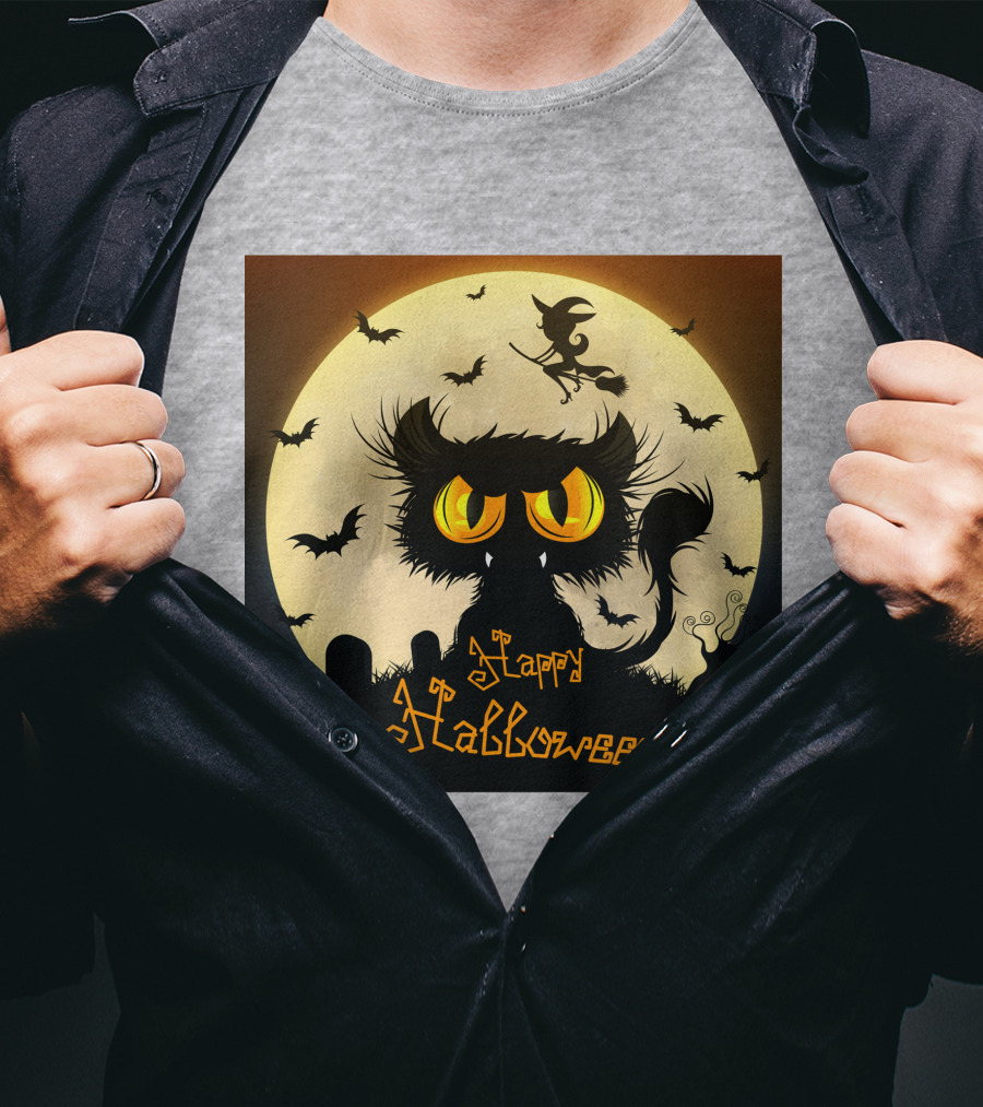 Starry Halloween Cat With Witch And Bats T-Shirt