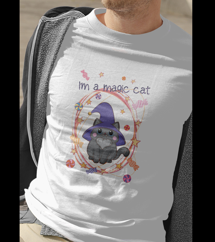 I'm A Magic Cat Wizard Hat Candy Stars T-Shirt