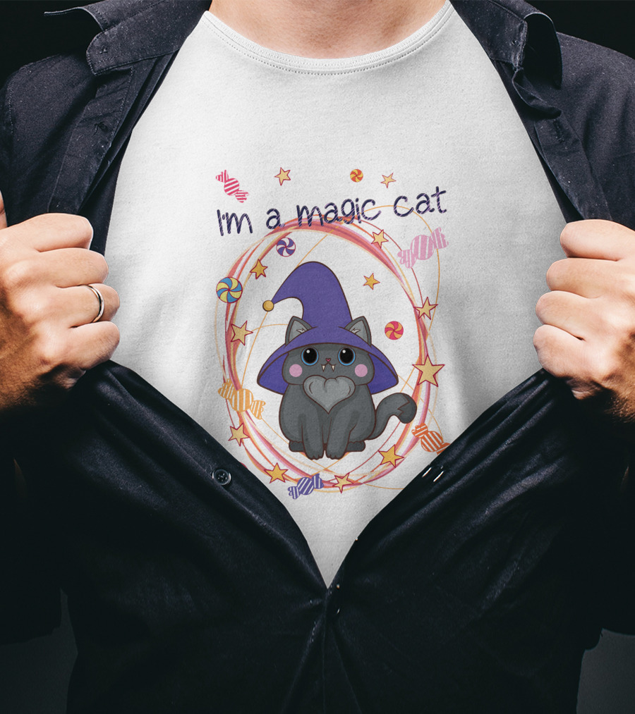 I'm A Magic Cat Wizard Hat Candy Stars T-Shirt