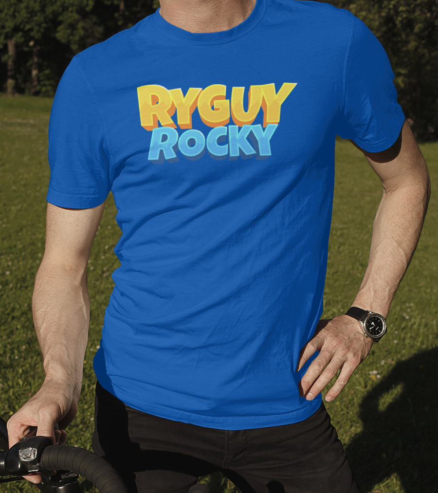 RYGUYROCKY Bold Text Logo Blue Background T-Shirt