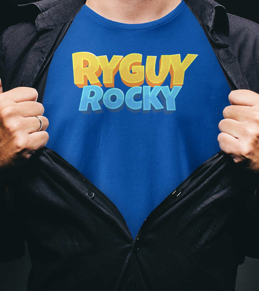 RYGUYROCKY Bold Text Logo Blue Background T-Shirt