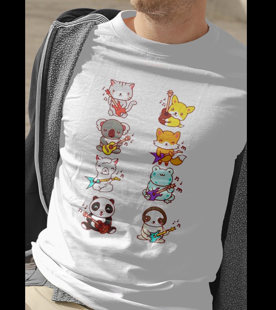 Cat Fox Koala Alpaca Frog Panda Animals Playing Acoustic Electric Guitars Kawaii T-Shirt