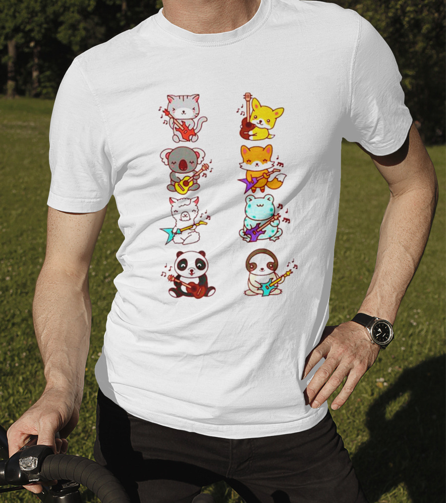 Cat Fox Koala Alpaca Frog Panda Animals Playing Acoustic Electric Guitars Kawaii T-Shirt