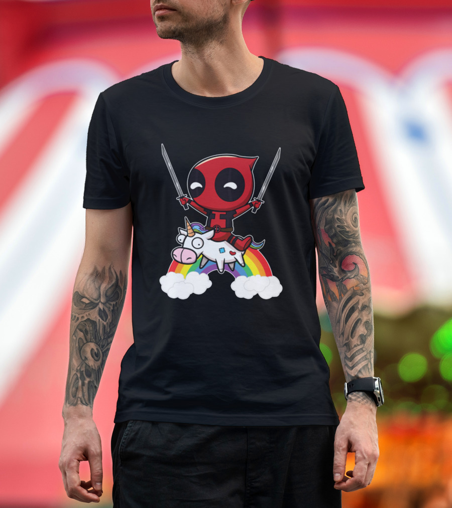 Chibi Deadpool Riding Epic Rainbow Unicorn with Dual Katanas T-Shirt