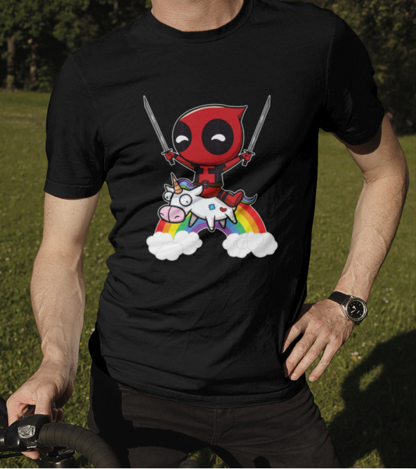 Chibi Deadpool Riding Epic Rainbow Unicorn With Dual Katanas T-Shirt