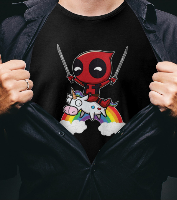 Chibi Deadpool Riding Epic Rainbow Unicorn With Dual Katanas T-Shirt