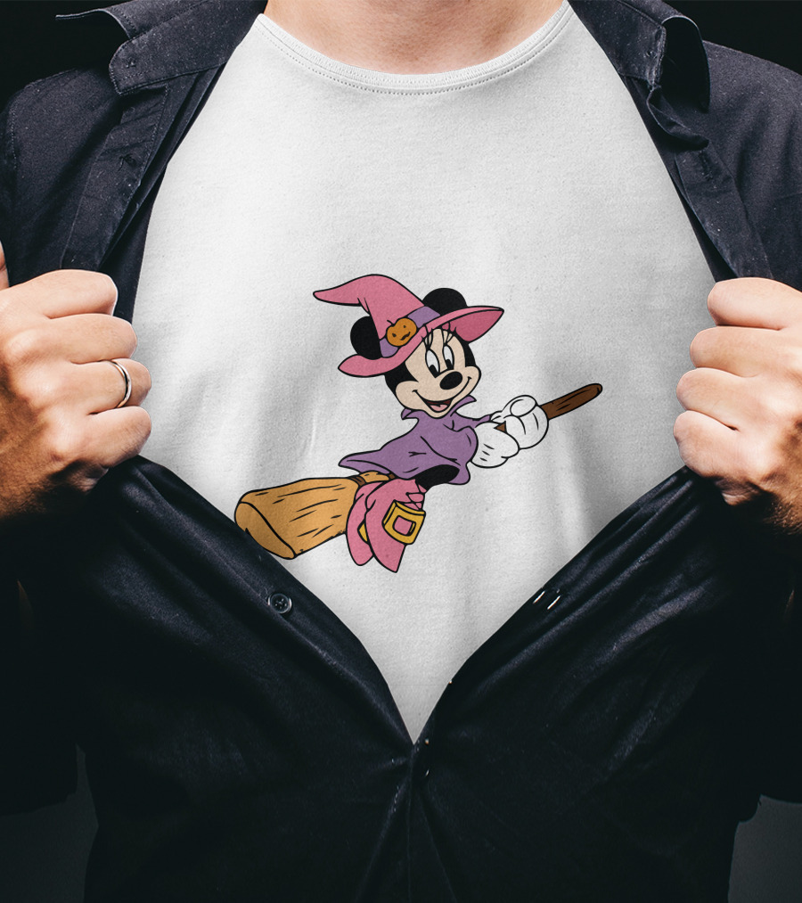 Mouse Witch Pumpkin Hat Broom Halloween Party T-Shirt