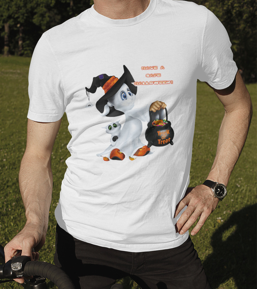 Have A Safe Halloween Trick Or Treat Party Ghost With A Witch Hat And Candy T-Shirt