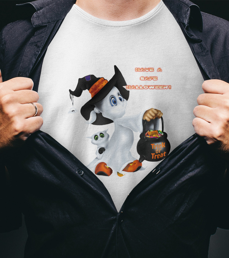 Have A Safe Halloween Trick Or Treat Party Ghost With A Witch Hat And Candy T-Shirt