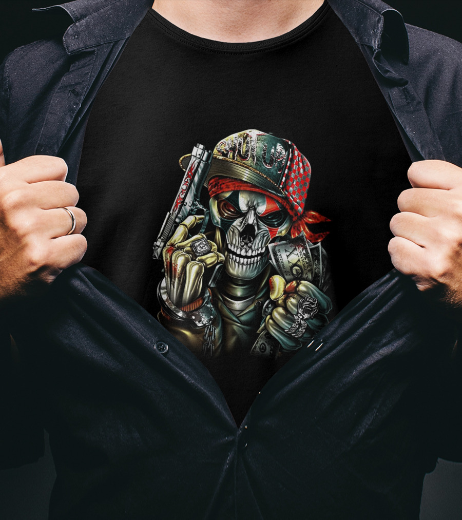 Skull Cap With Gun And Money Holding Skull Face And Knuckle Duster T-Shirt