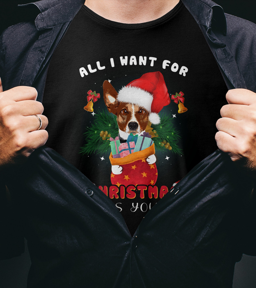 All I Want For Christmas Is You Dog Santa Hat Festive Bells And Gifts T-Shirt