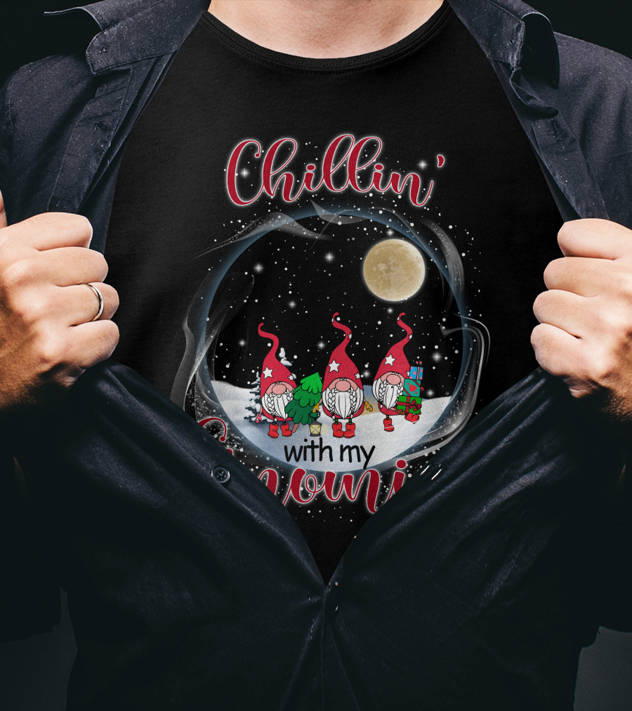 Chillin With My Gnomies Under The Moonlit Snowy Night With Stars T-Shirt