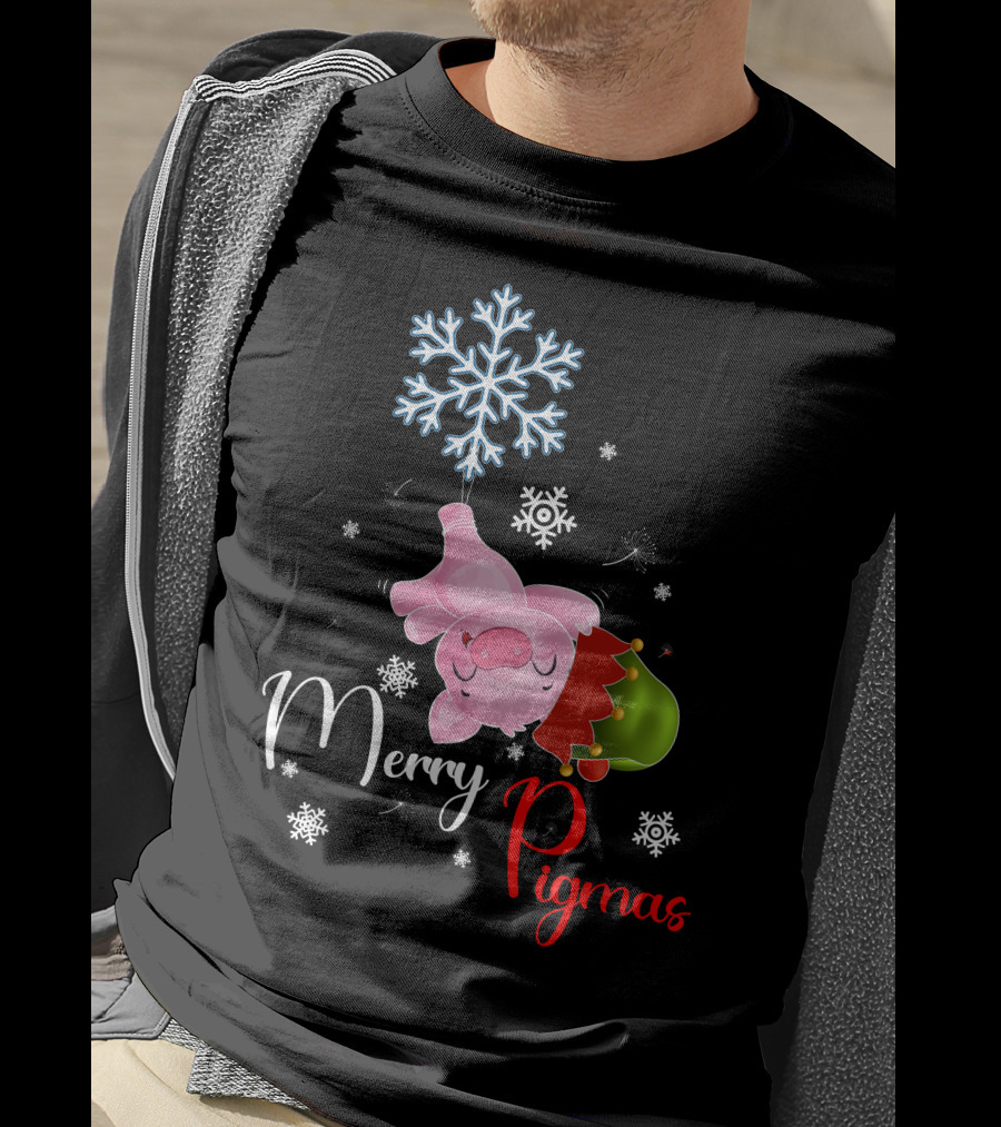 Merry Pigmas Pig Hanging From Snowflake With Santa Hat And Snowflakes T-Shirt