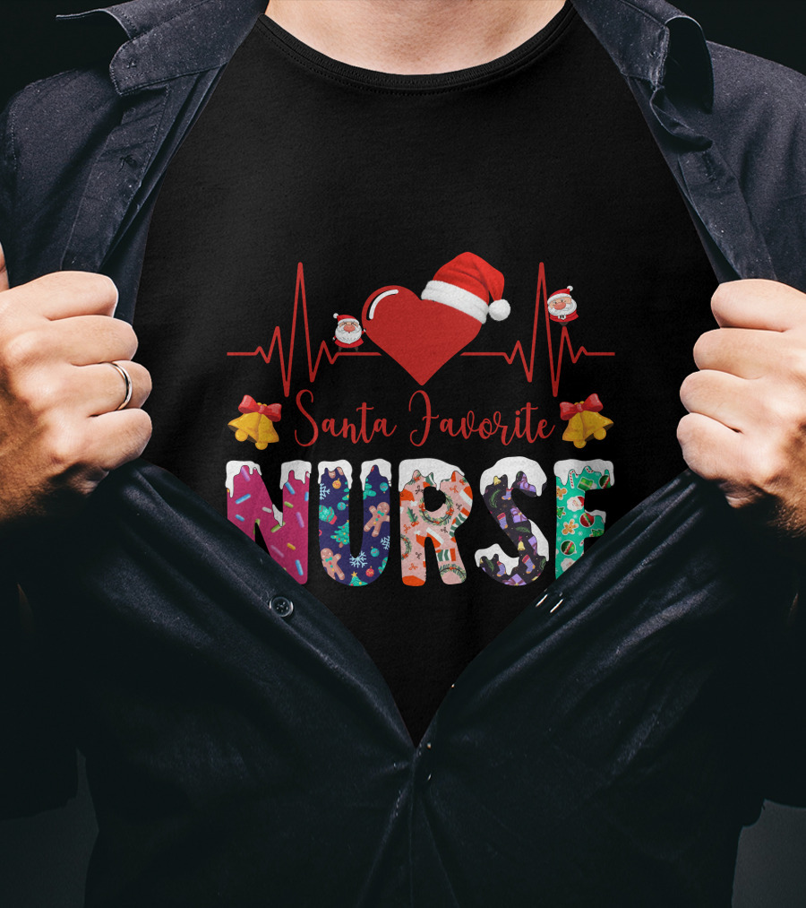 Santa Favorite Nurse Christmas Heartbeat T-Shirt