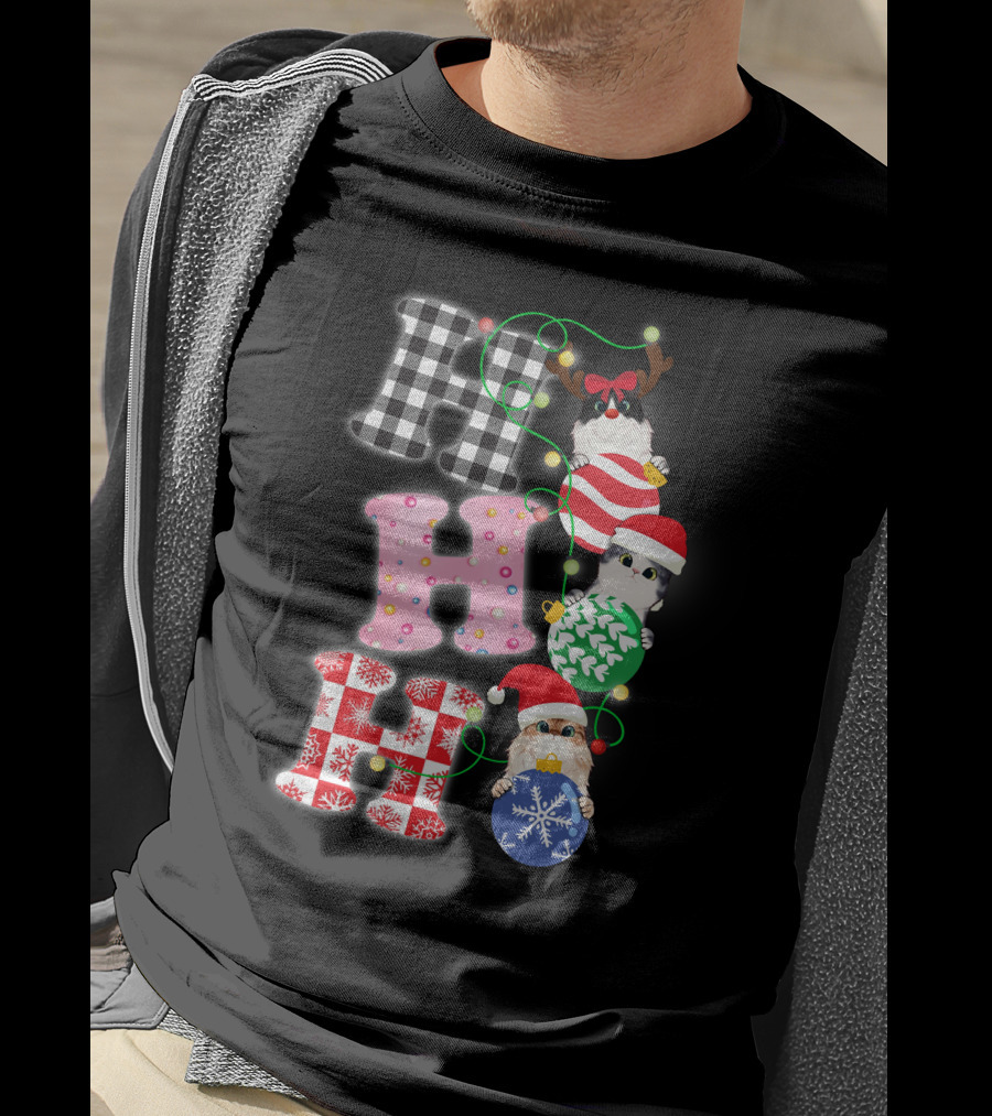 HO HO HO Christmas Cats In Holiday Hats And Ornaments T-Shirt