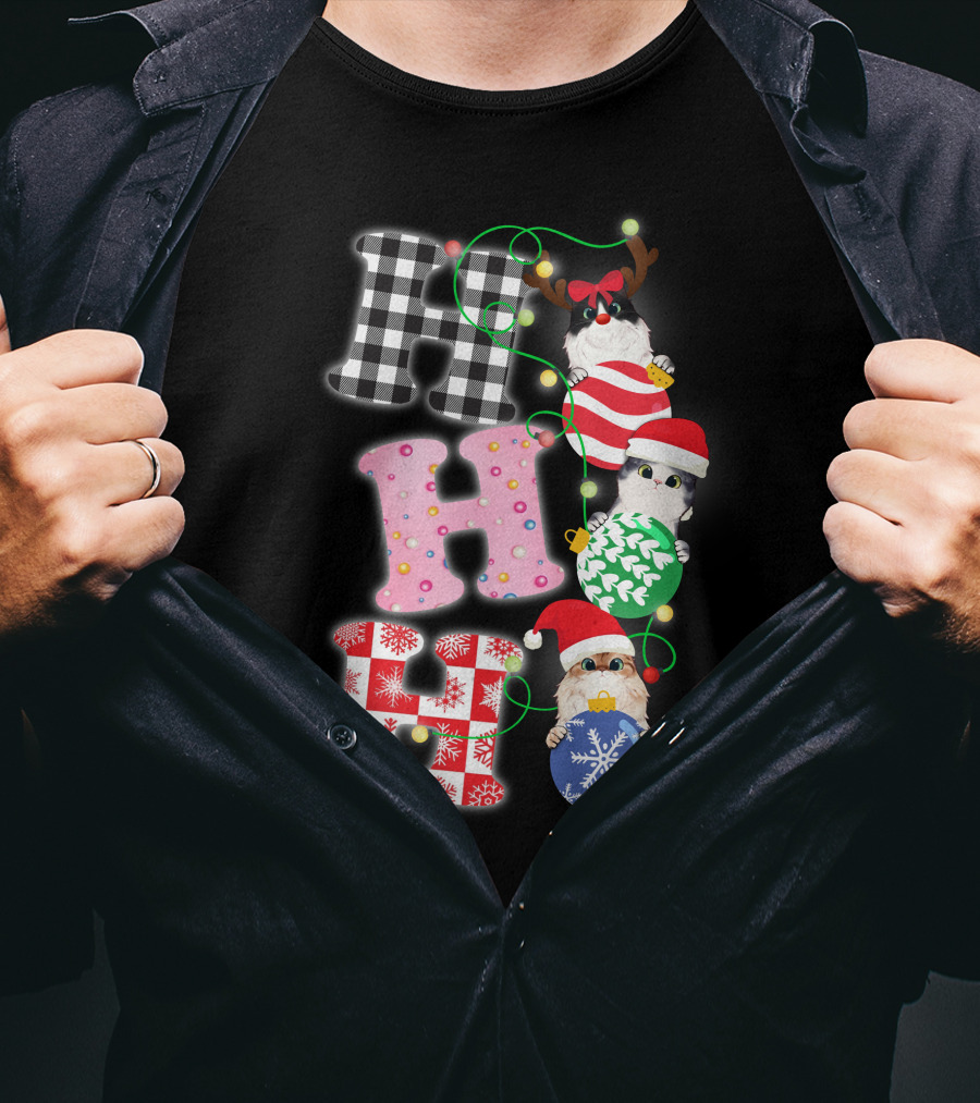 HO HO HO Christmas Cats In Holiday Hats And Ornaments T-Shirt