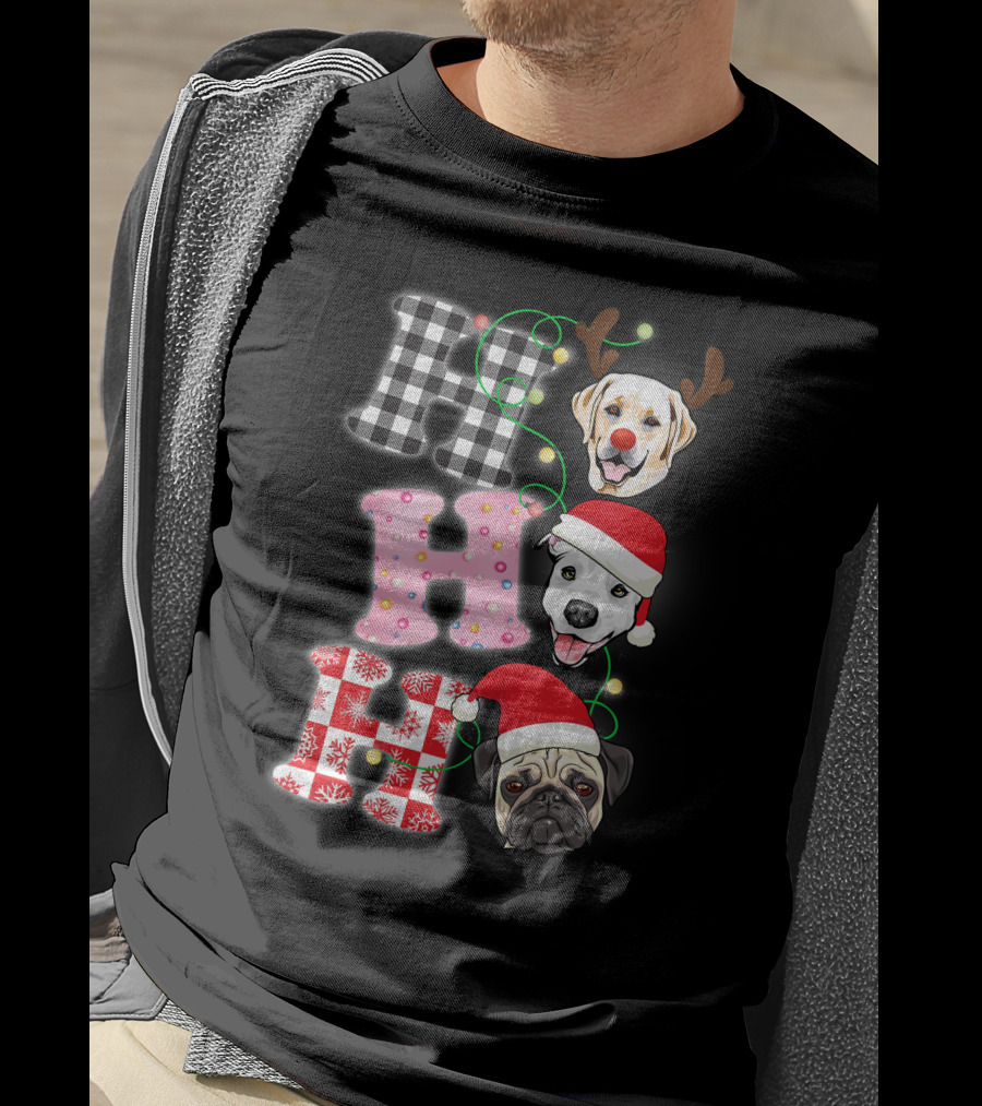 HO HO HO Christmas Dogs With Santa Hats And Reindeer Antlers T-Shirt