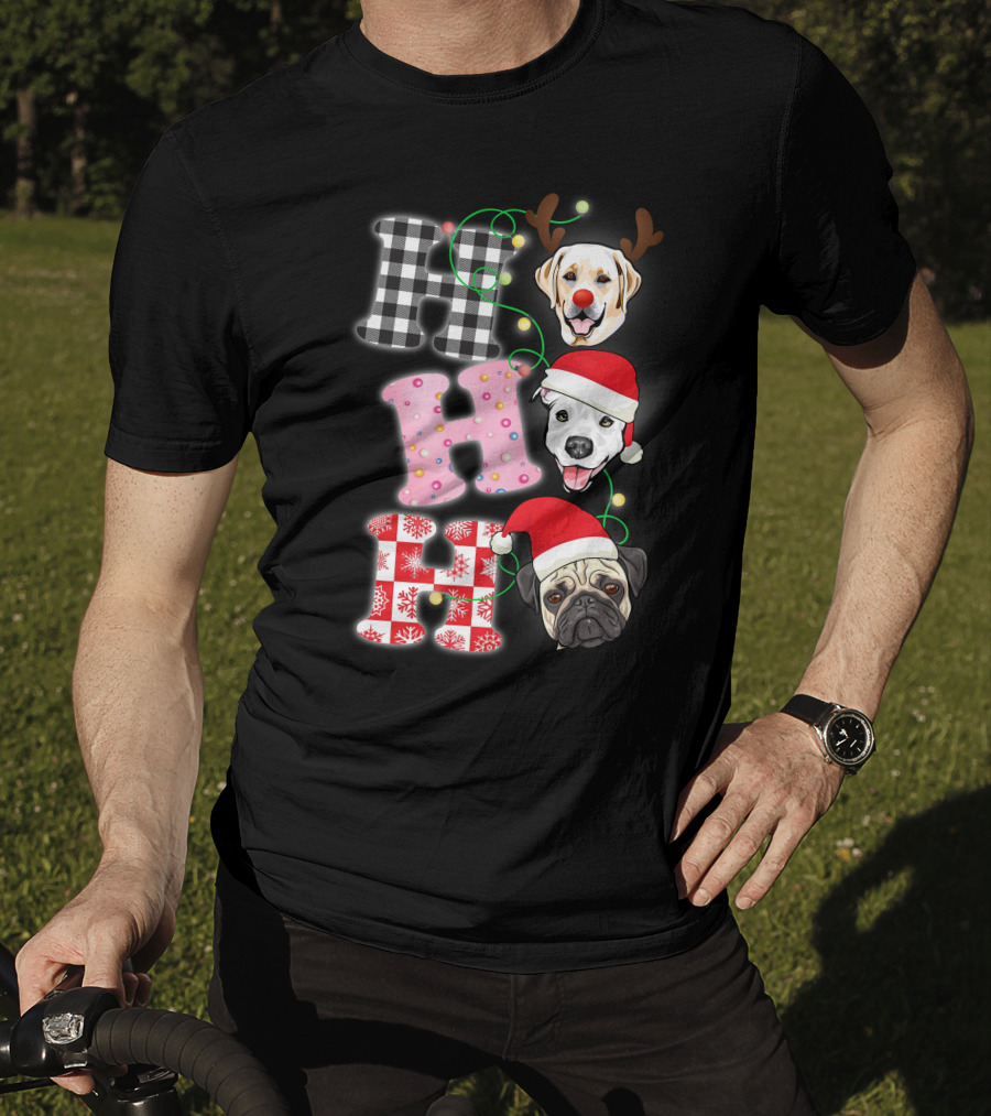 HO HO HO Christmas Dogs With Santa Hats And Reindeer Antlers T-Shirt