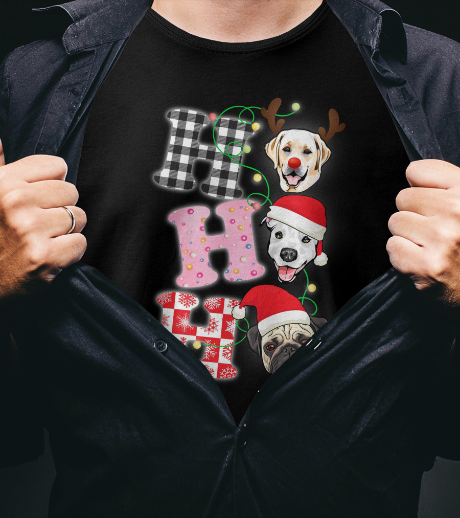 HO HO HO Christmas Dogs With Santa Hats And Reindeer Antlers T-Shirt
