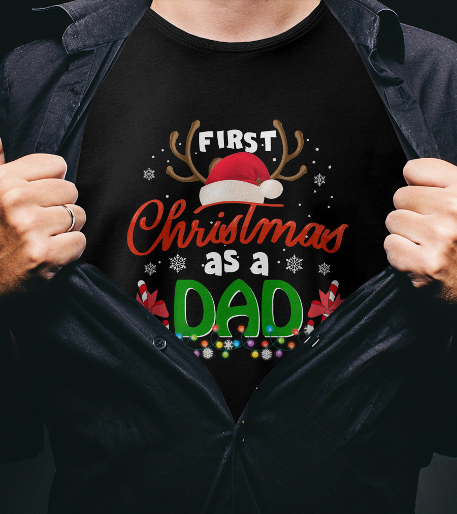 First Christmas As A Dad With Reindeer Antlers Santa Hat And Candy Canes T-Shirt