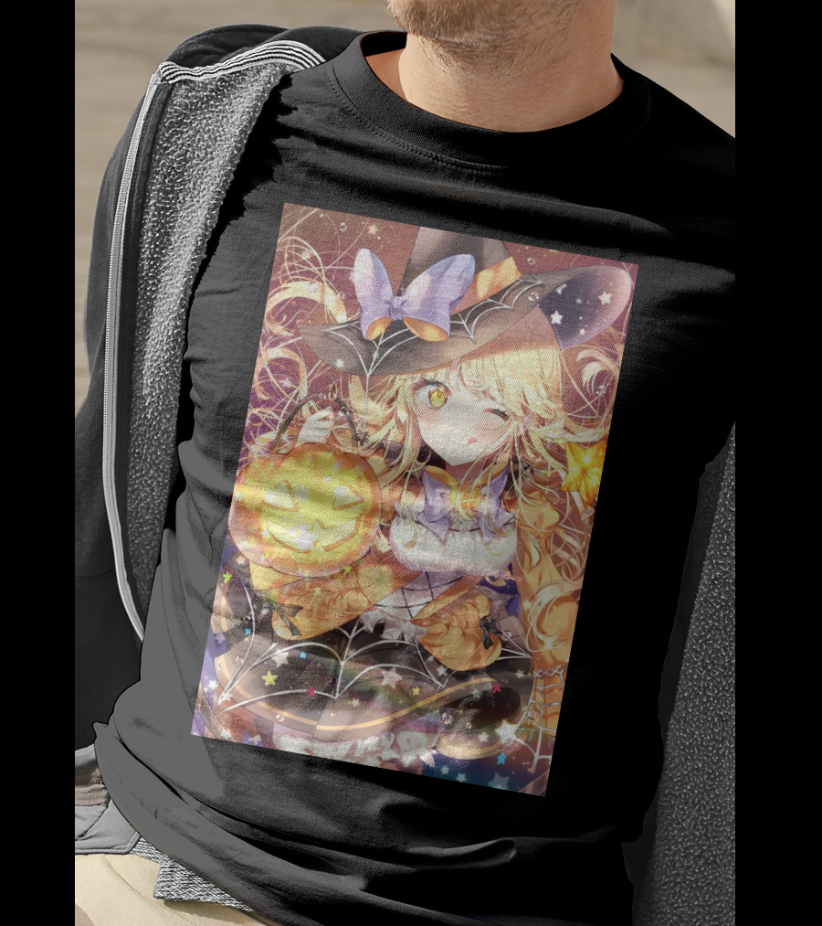 Anime Halloween Witch Girl With Pumpkin Lantern And Stars T-Shirt