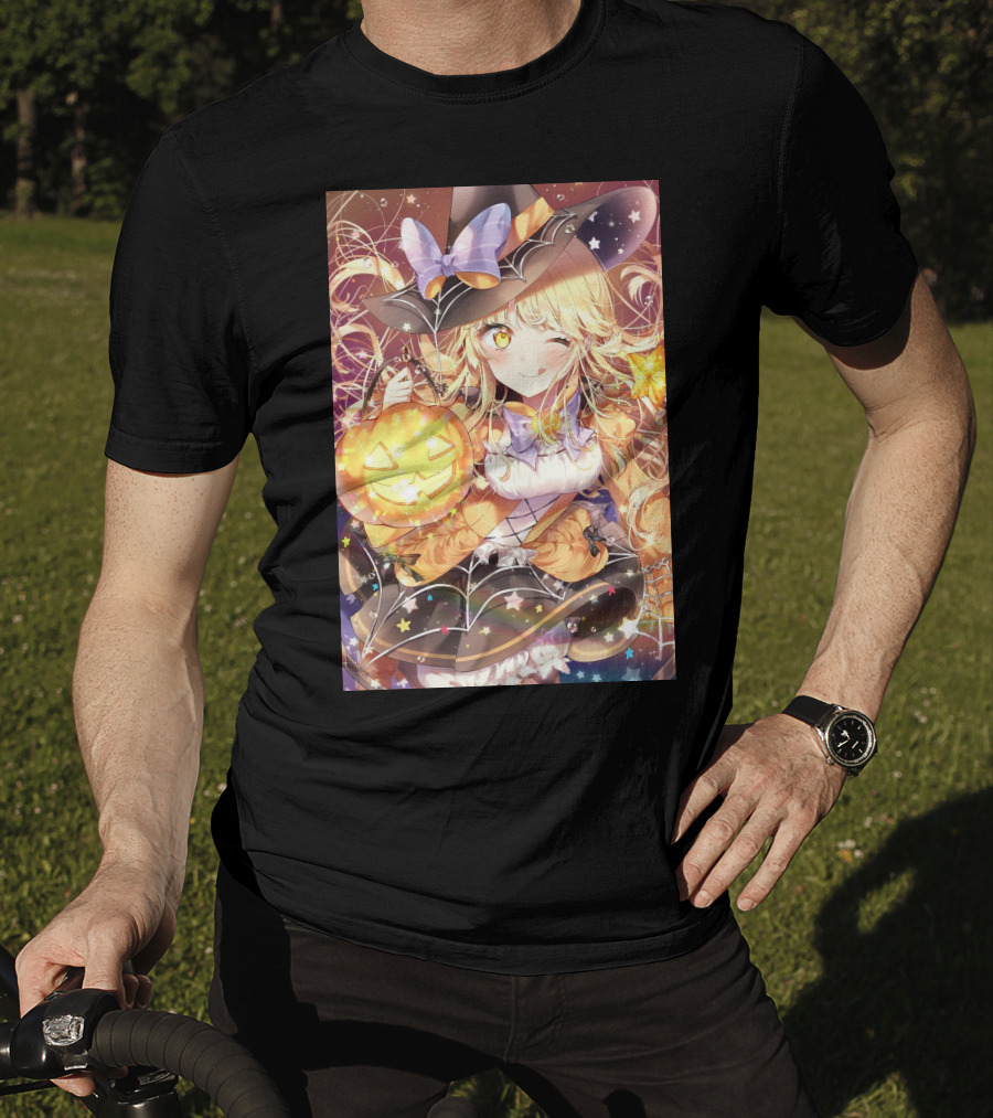 Anime Halloween Witch Girl With Pumpkin Lantern And Stars T-Shirt